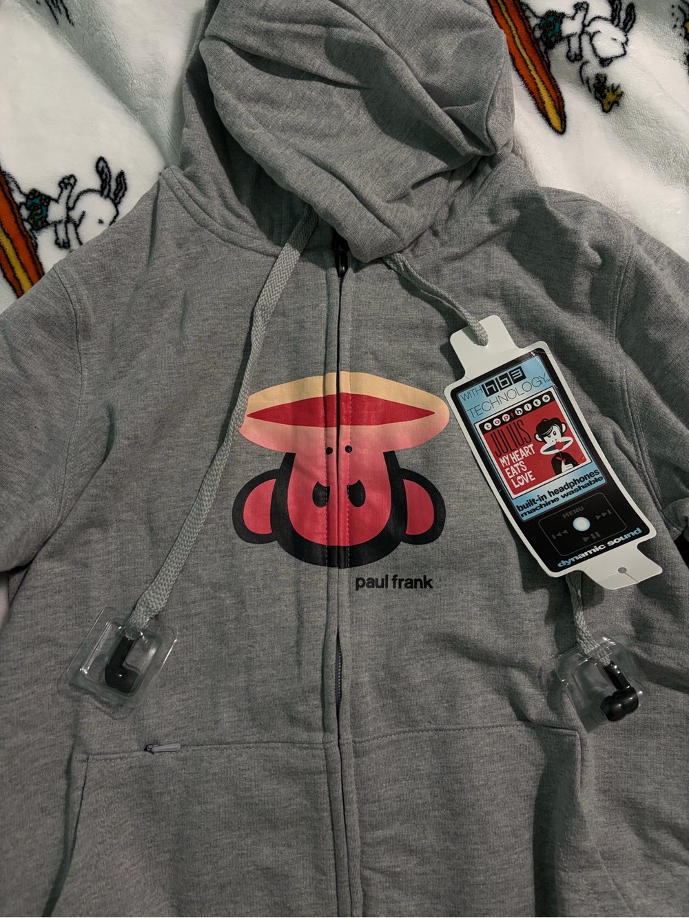 Paul Frank Gray Zip-Up Hoodie with Red/Pink Monkey Graphic